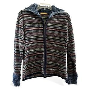 Women Striped Sweater with Faux Fur Trim